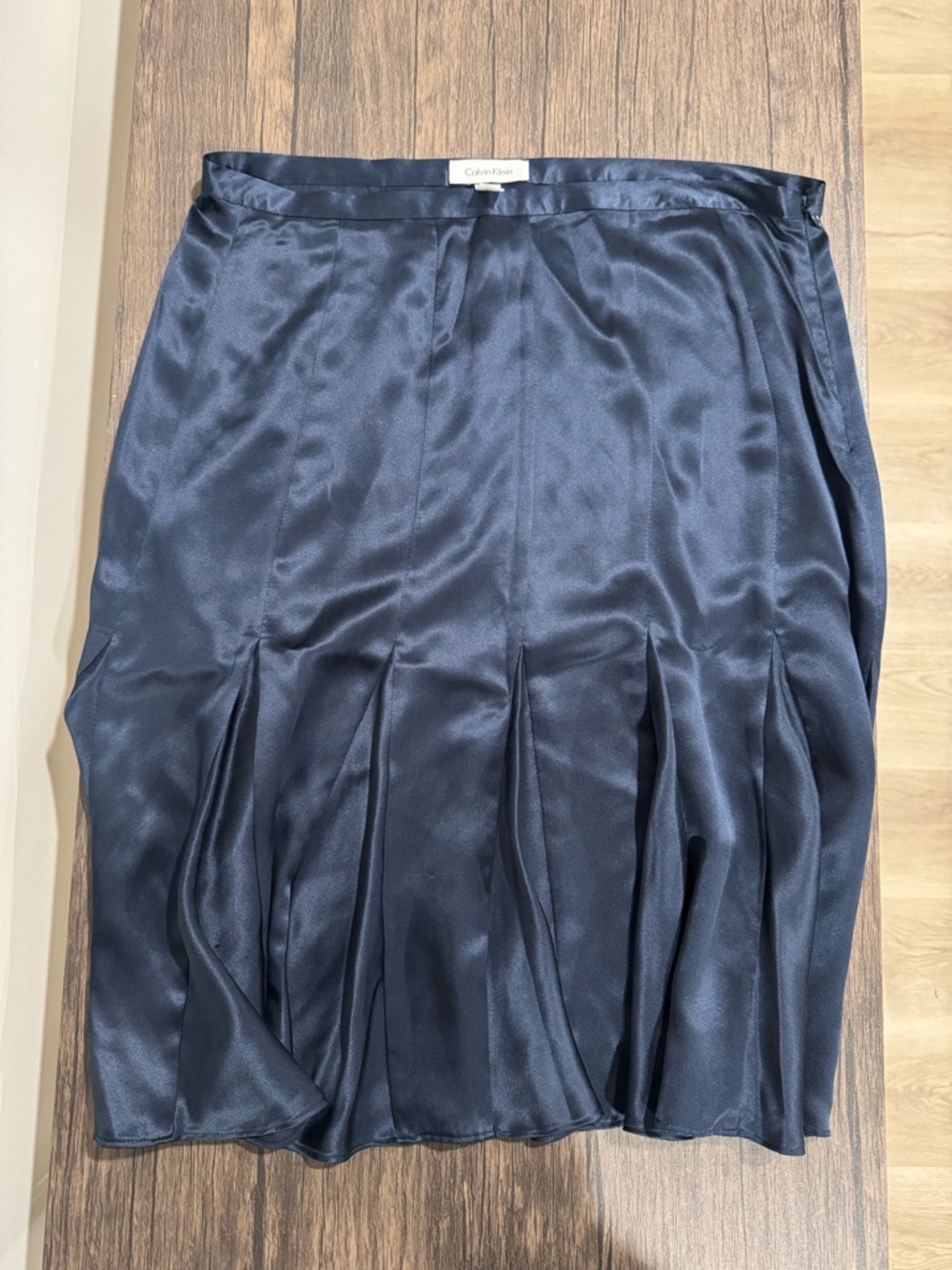 Calvin Klein Dark Navy Pure Silk Pleated Midi Skirt